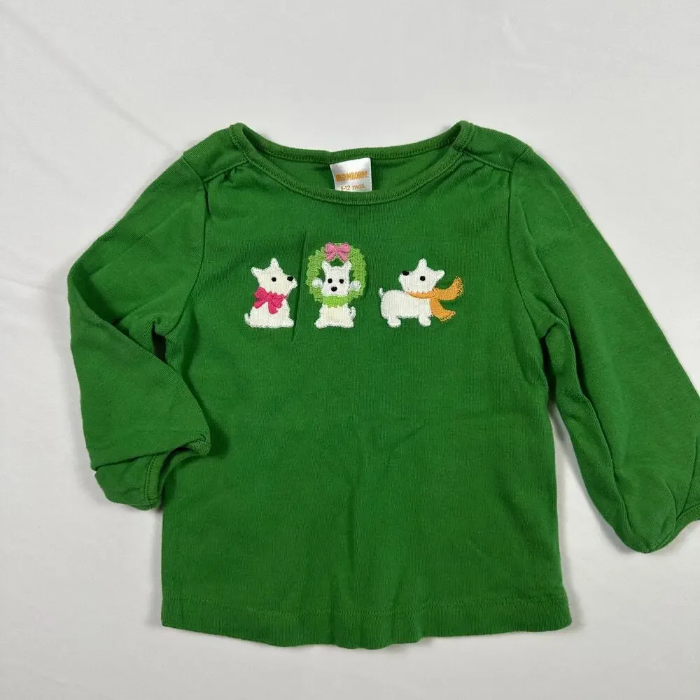 Gymboree Green Winter Westie Terrier Dog Christmas Long Sleeve Top Sz 6-12 mo